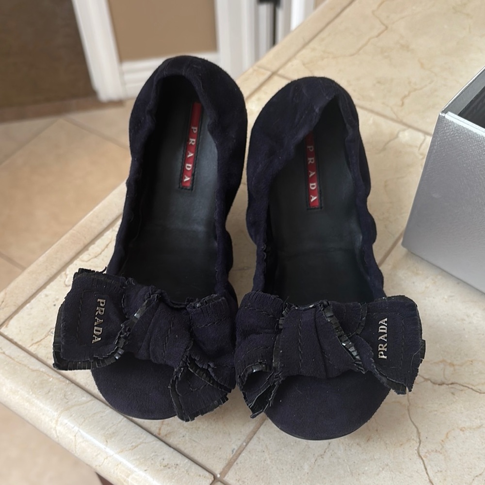 Prada Navy Blue Suede Ballet Flats
